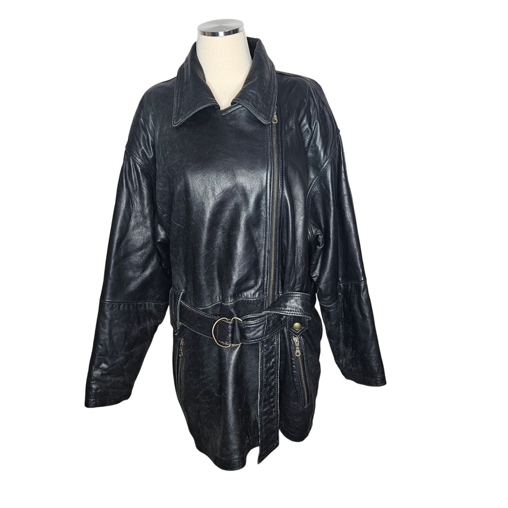 Express Vintage Black Leather Belted Moto Jacket Thinsulate Lined Womens Large